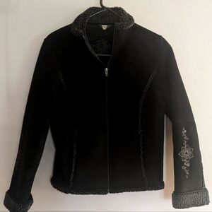 L.l. Bean Faux Suede Black Embroidered Shearling Jacket Small